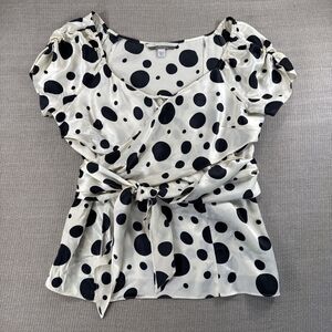 Andrea Behar Off-white Silk Polka Dot Wrap Blouse Pussycat Bow Office Siren 14